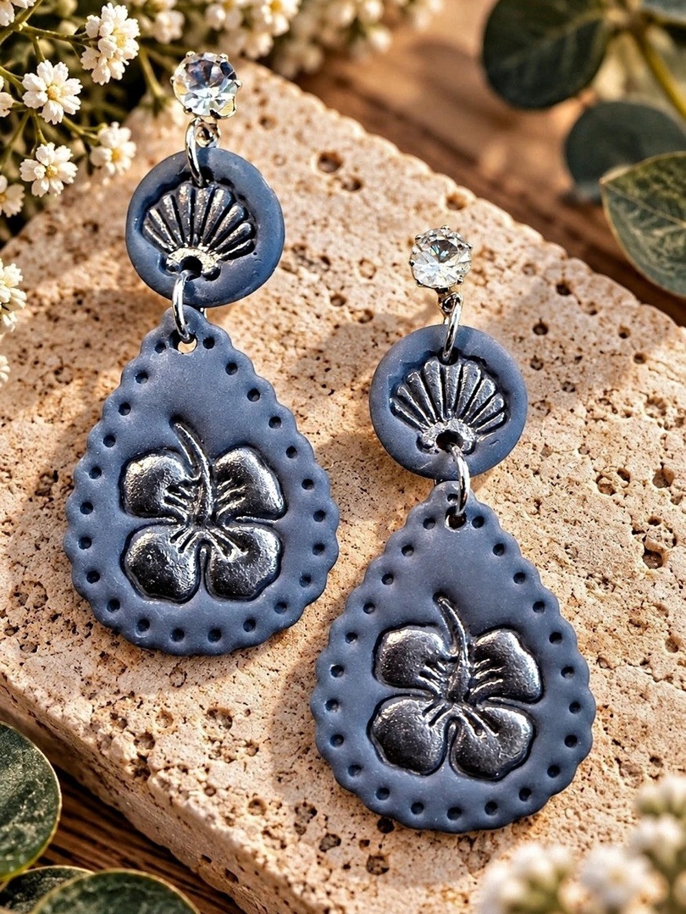 Blue & Silver Floral Drop Earrings